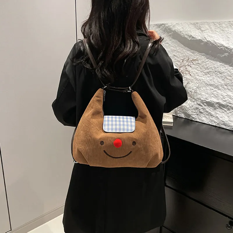 NOMK PU With Corduroy Tote Backpack, Shoulder Bag Women's Brown-3