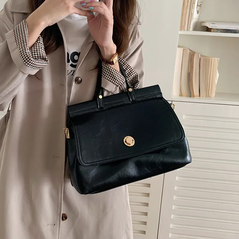 NOMK PU Tote Bag, Shopping Bag, Handbag, Crossbody Bag Medium Size Women's Black/Brown-2