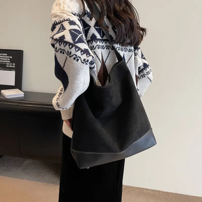 NOMK PU With Woolen Shoulder Bag Large Size Women's Black/Khaki/Coffee-4