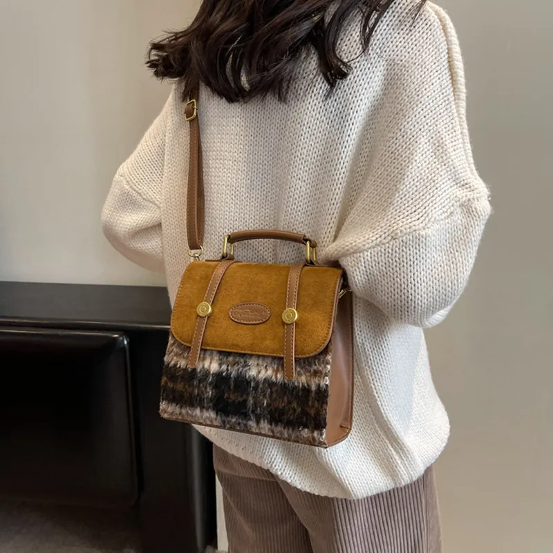 NOMK Woolen With PU Backpack Regular Women's Brown Plaid/Gray Plaid-2