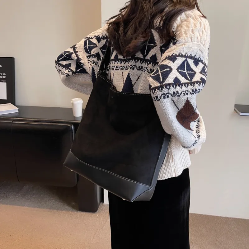 NOMK PU With Woolen Shoulder Bag Large Size Women's Black/Khaki/Coffee-3