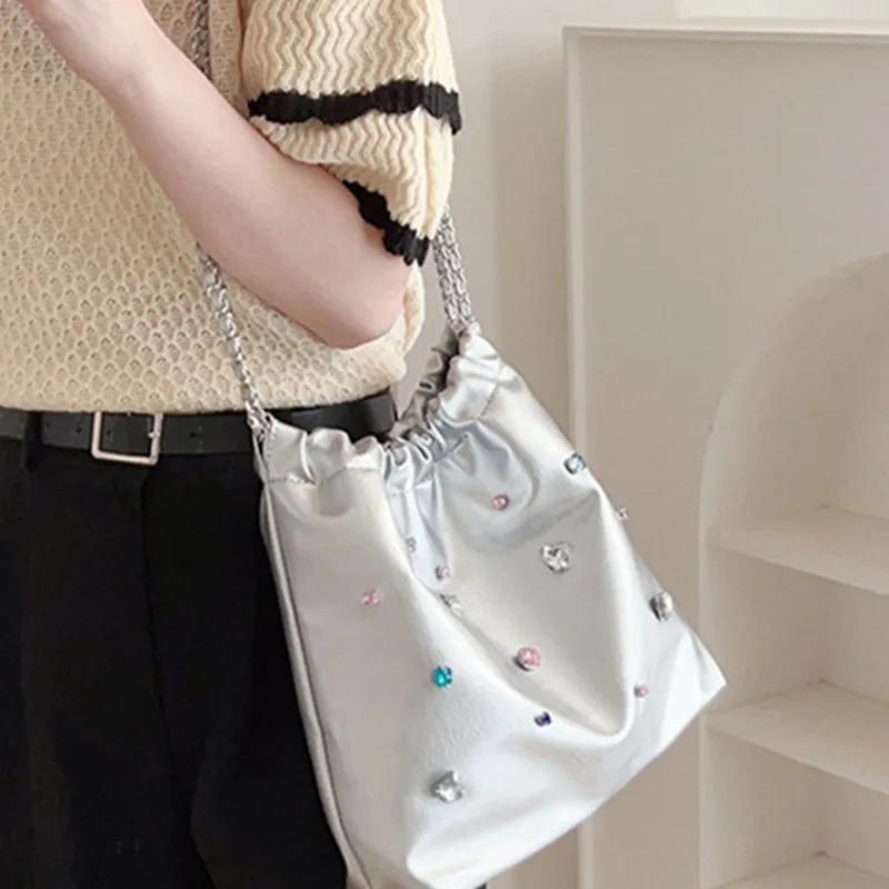 NOMK Leather Chain Bag Tote Bag Shopping Bag Bucket Bag Shoulder Bag Handbag Crossbody Bag Shoulder Bag Women's Silver-3