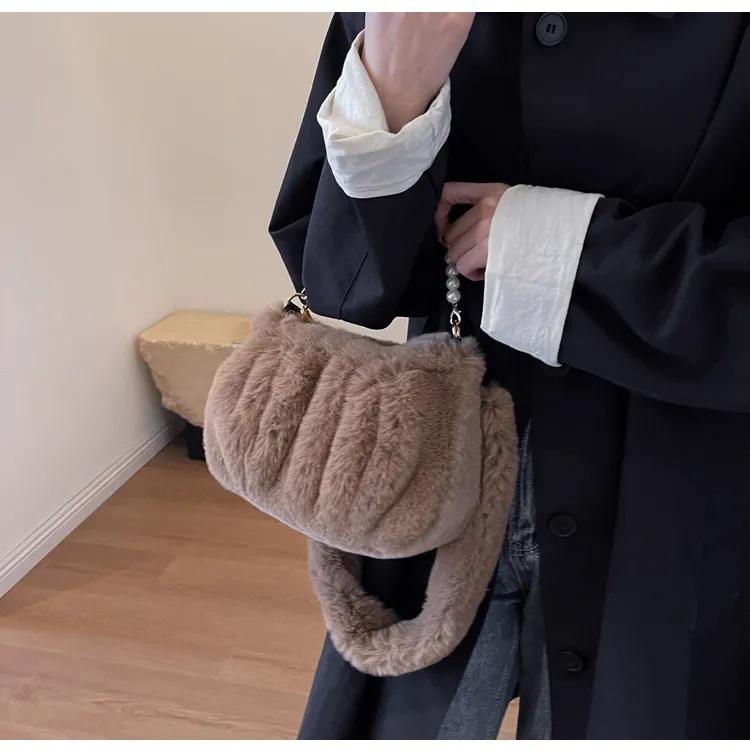 NOMK Plush Leather Fur Shoulder Bag Small Square Bag Regular Women's Ecru/Pink/Black/Brown-15