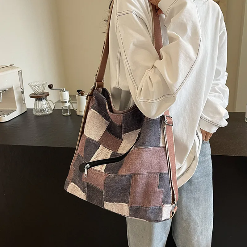 NOMK Denim Backpack, Underarm Shoulder Bag, Crossbody Bag Women's Blue/Brick Red/Dark Tea-5