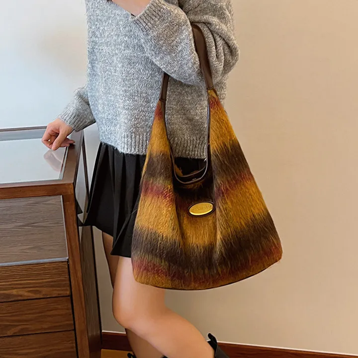 NOMK PU Tote Bag, Shopping Bag, Shoulder Bag Women's Caramel/Gray Plaid/Brown Plaid/Blue Plaid-2