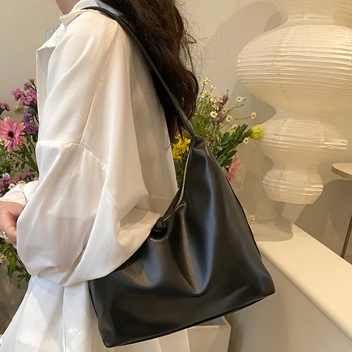 NOMK PU Tote Bag Shopping Bag Shoulder Bag Versatile Shoulder Bag Regular Women's Black/White/Khaki/Brown-1
