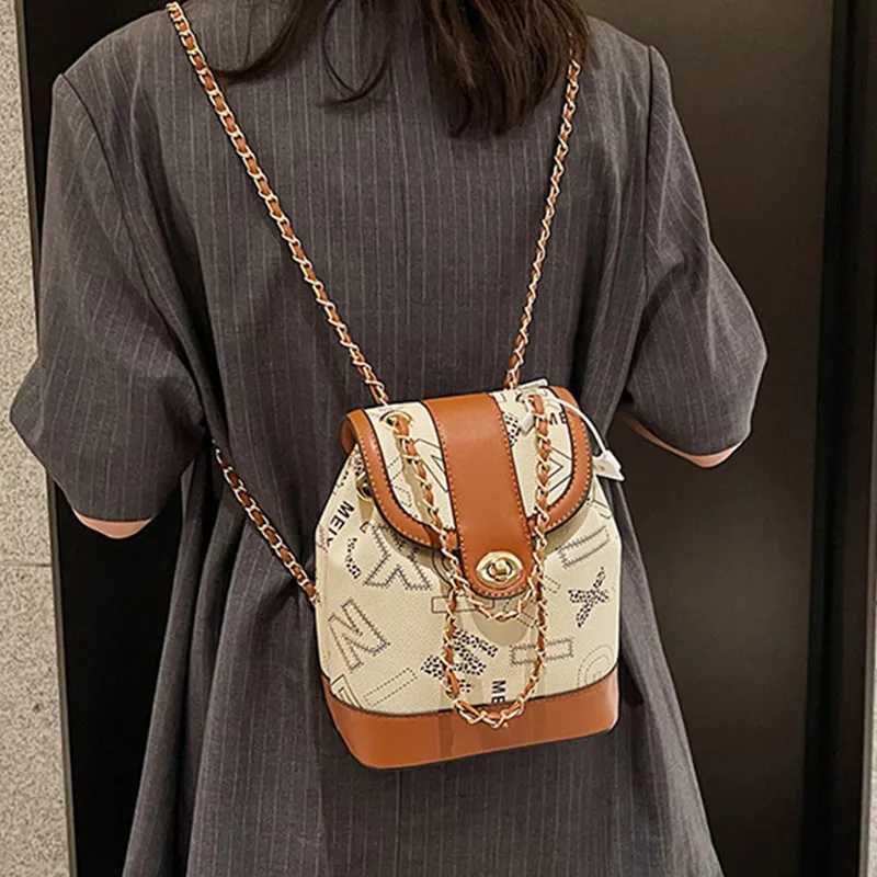 NOMK PU Chain Bag Handbag Bucket Bag One Shoulder Backpack Women's Brown-2