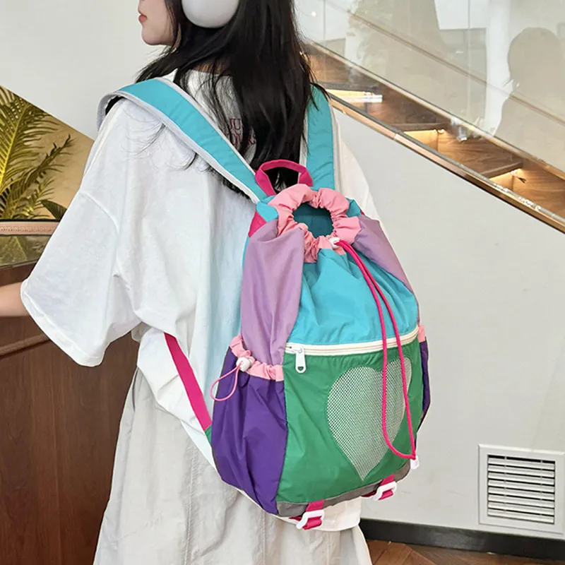 NOMK Nylon Portable Backpack Unisex Yellow/Green/Pink-1