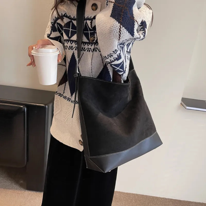 NOMK PU With Woolen Shoulder Bag Large Size Women's Black/Khaki/Coffee-1