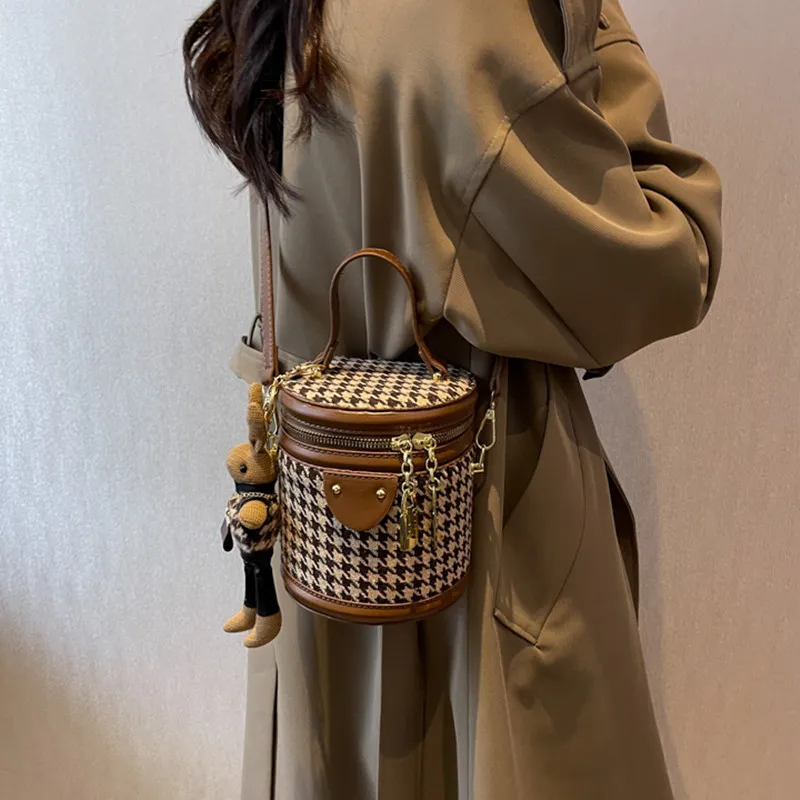 NOMK Canvas Bucket Bag, One Shoulder Handbag Regular Women's Black/Brown-7