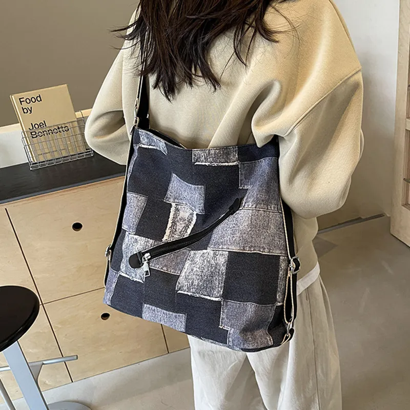 NOMK Denim Backpack, Underarm Shoulder Bag, Crossbody Bag Women's Blue/Brick Red/Dark Tea-9
