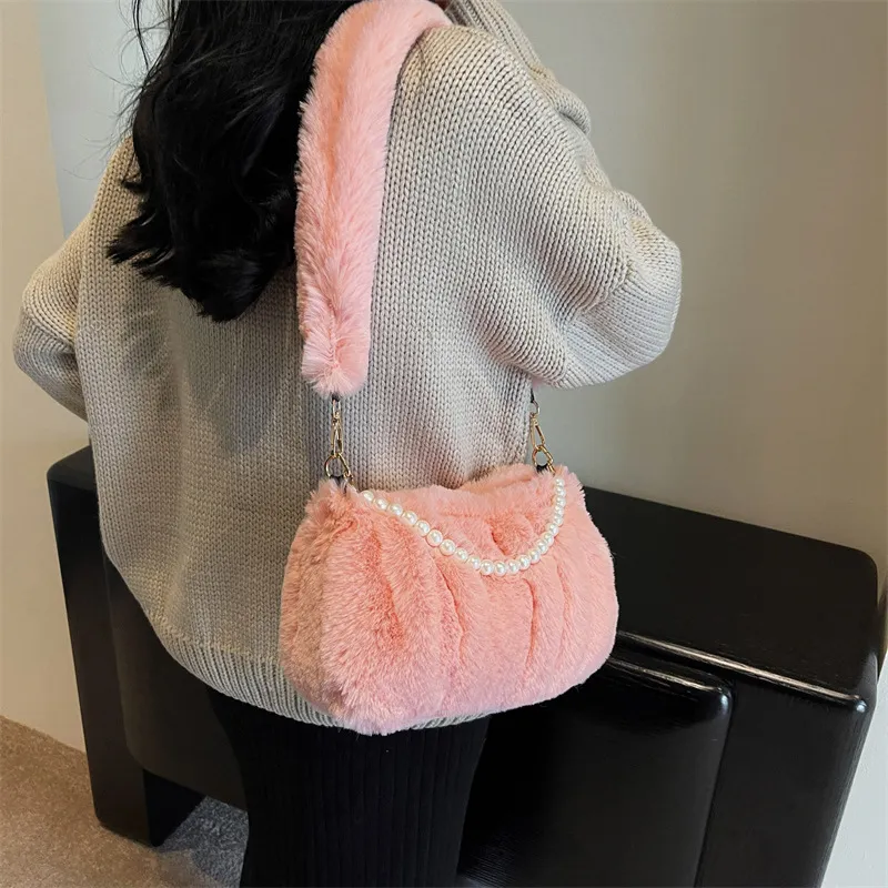 NOMK Plush Leather Fur Shoulder Bag Small Square Bag Regular Women's Ecru/Pink/Black/Brown-1
