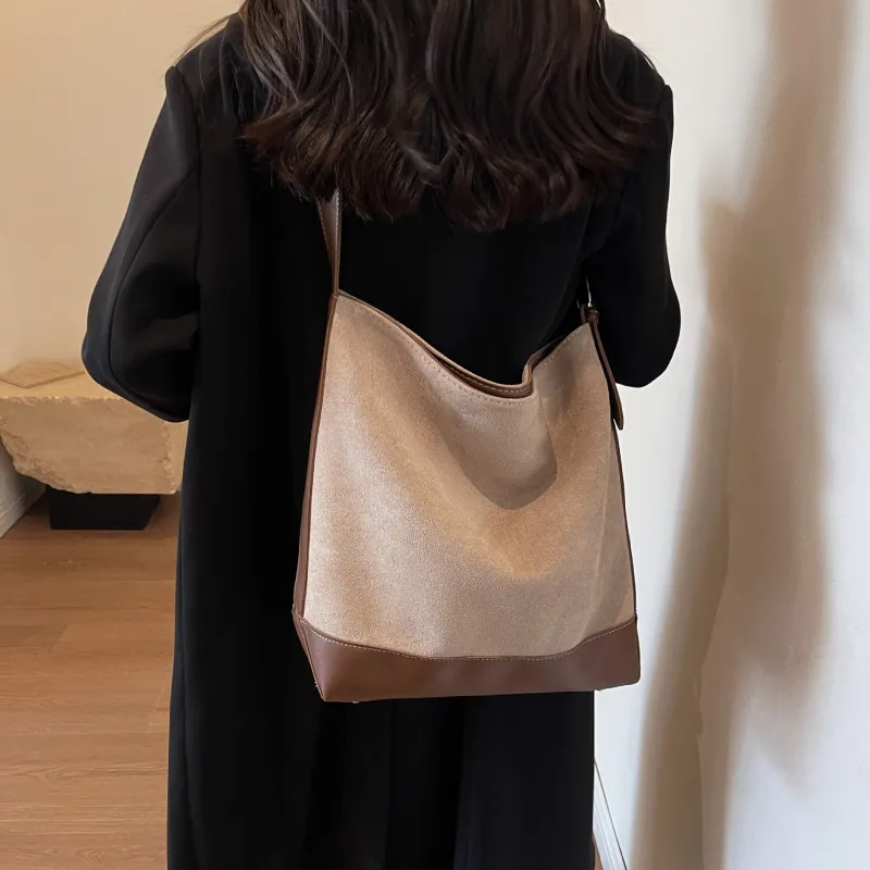 NOMK PU With Woolen Shoulder Bag Large Size Women's Black/Khaki/Coffee-10