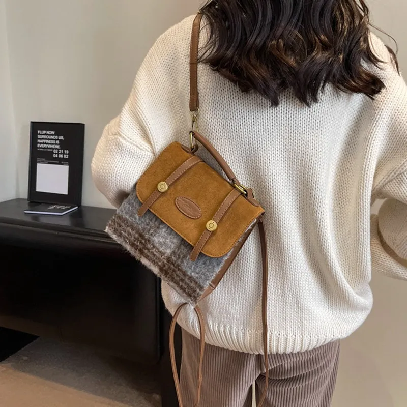 NOMK Woolen With PU Backpack Regular Women's Brown Plaid/Gray Plaid-6