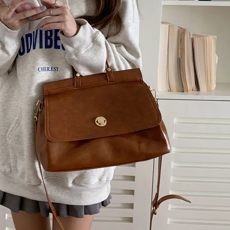 NOMK PU Tote Bag, Shopping Bag, Handbag, Crossbody Bag Medium Size Women's Black/Brown-10