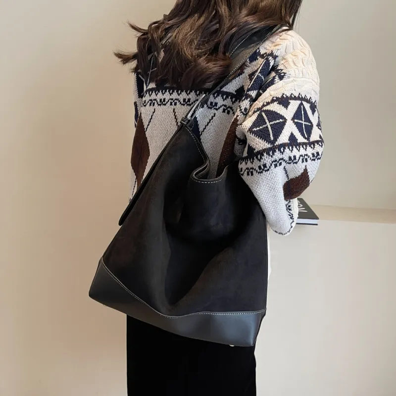 NOMK PU With Woolen Shoulder Bag Large Size Women's Black/Khaki/Coffee-5