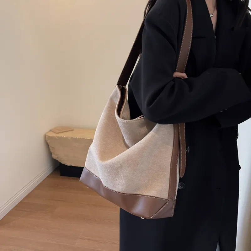 NOMK PU With Woolen Shoulder Bag Large Size Women's Black/Khaki/Coffee-7