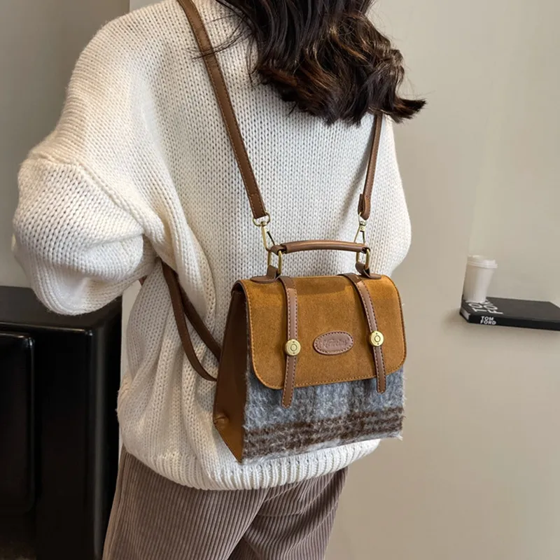 NOMK Woolen With PU Backpack Regular Women's Brown Plaid/Gray Plaid-7