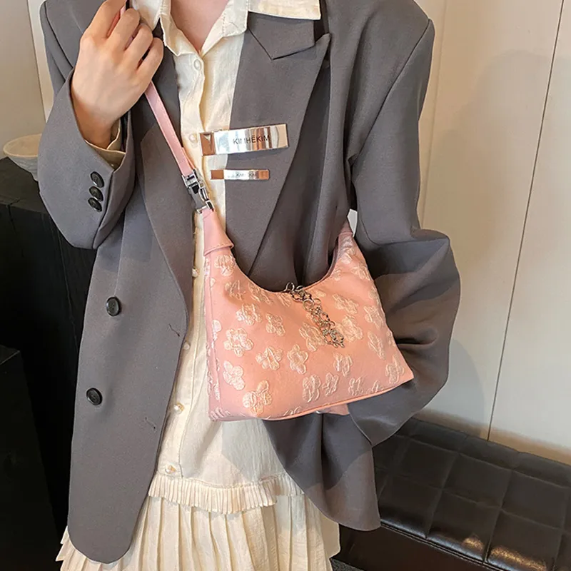 NOMK Canvas Handbag, Underarm Shoulder Bag, Crossbody Bag Women's Pink/Black/Ecru-2