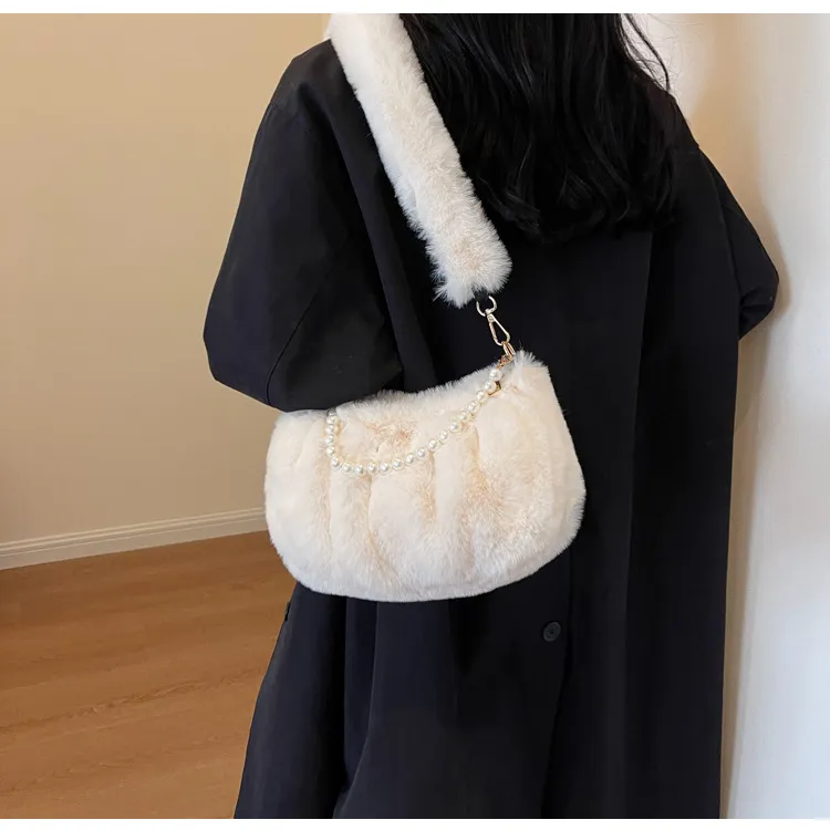 NOMK Plush Leather Fur Shoulder Bag Small Square Bag Regular Women's Ecru/Pink/Black/Brown-7