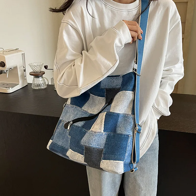 NOMK Denim Backpack, Underarm Shoulder Bag, Crossbody Bag Women's Blue/Brick Red/Dark Tea-1