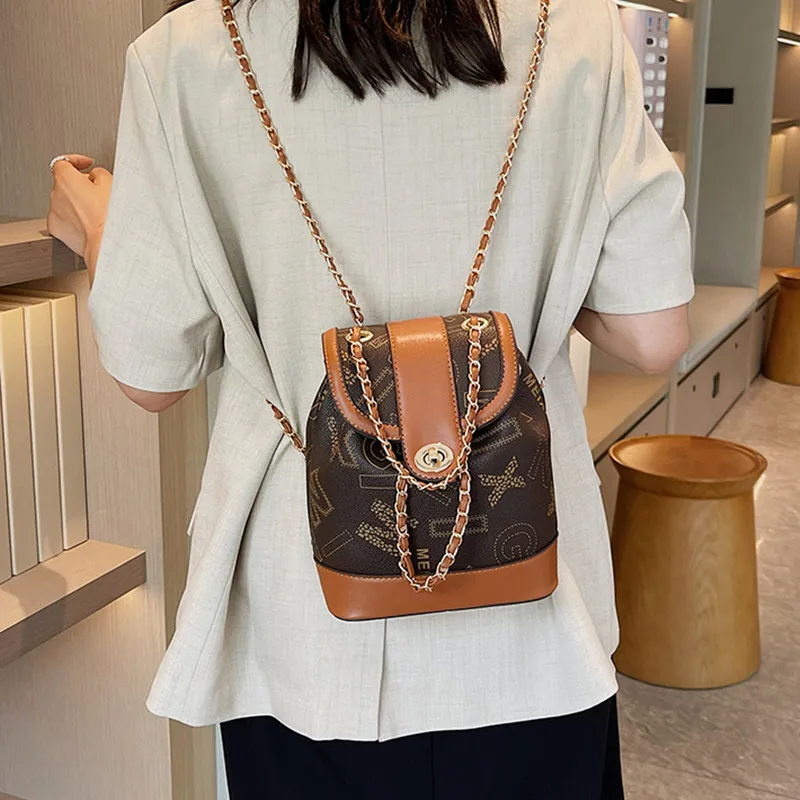 NOMK PU Chain Bag Handbag Bucket Bag One Shoulder Backpack Women's Brown-15