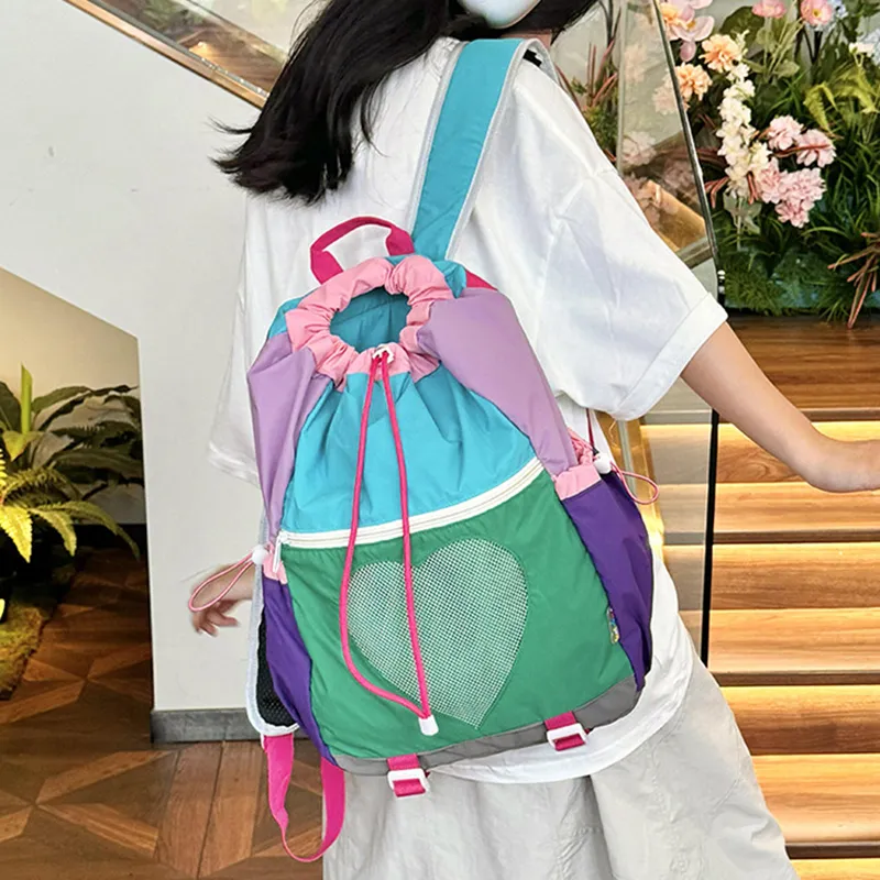NOMK Nylon Portable Backpack Unisex Yellow/Green/Pink-4