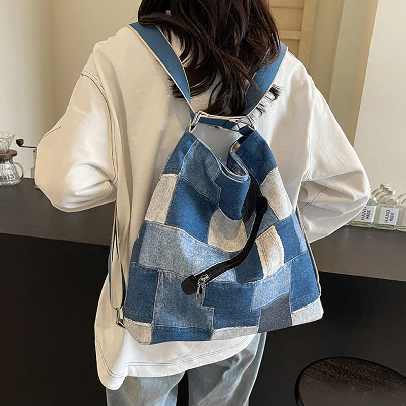 NOMK Denim Backpack, Underarm Shoulder Bag, Crossbody Bag Women's Blue/Brick Red/Dark Tea-3