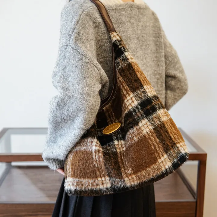 NOMK PU Tote Bag, Shopping Bag, Shoulder Bag Women's Caramel/Gray Plaid/Brown Plaid/Blue Plaid-5