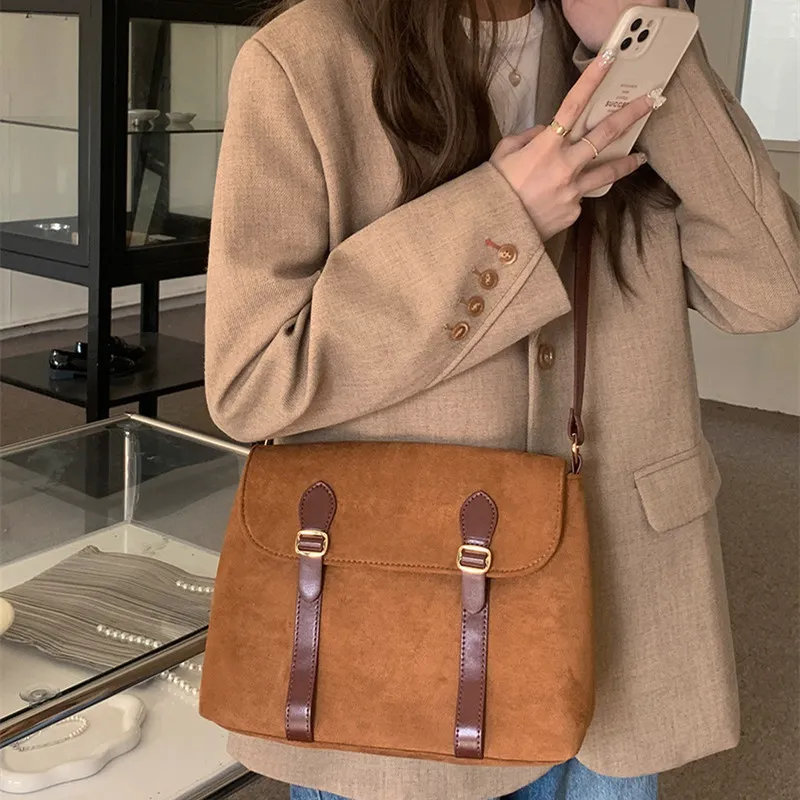 NOMK Suede Messenger Bag Shoulder Bag Crossbody Bag Women's Black & Khaki-9