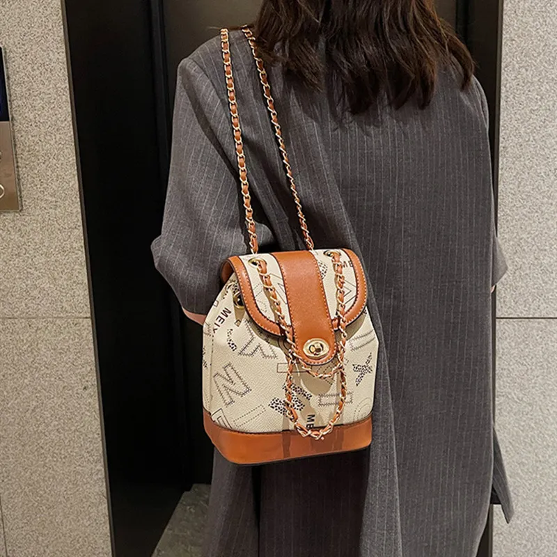 NOMK PU Chain Bag Handbag Bucket Bag One Shoulder Backpack Women's Brown-3