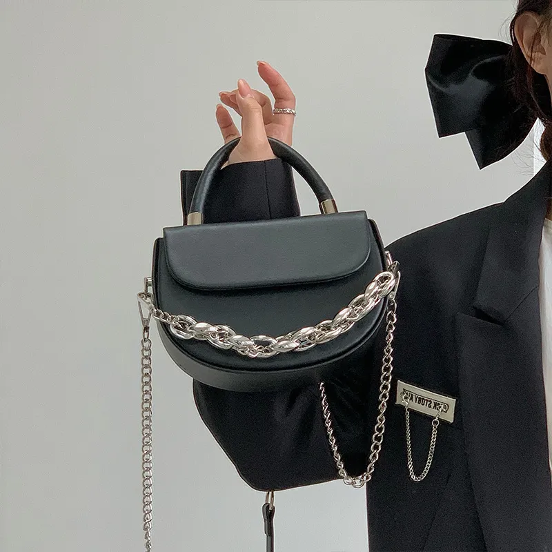NOMK PU Saddle Bag, Chain Bag, Crossbody Bag, Small Square Bag, Shoulder Bag, Handbag Medium Size Women's Black-2
