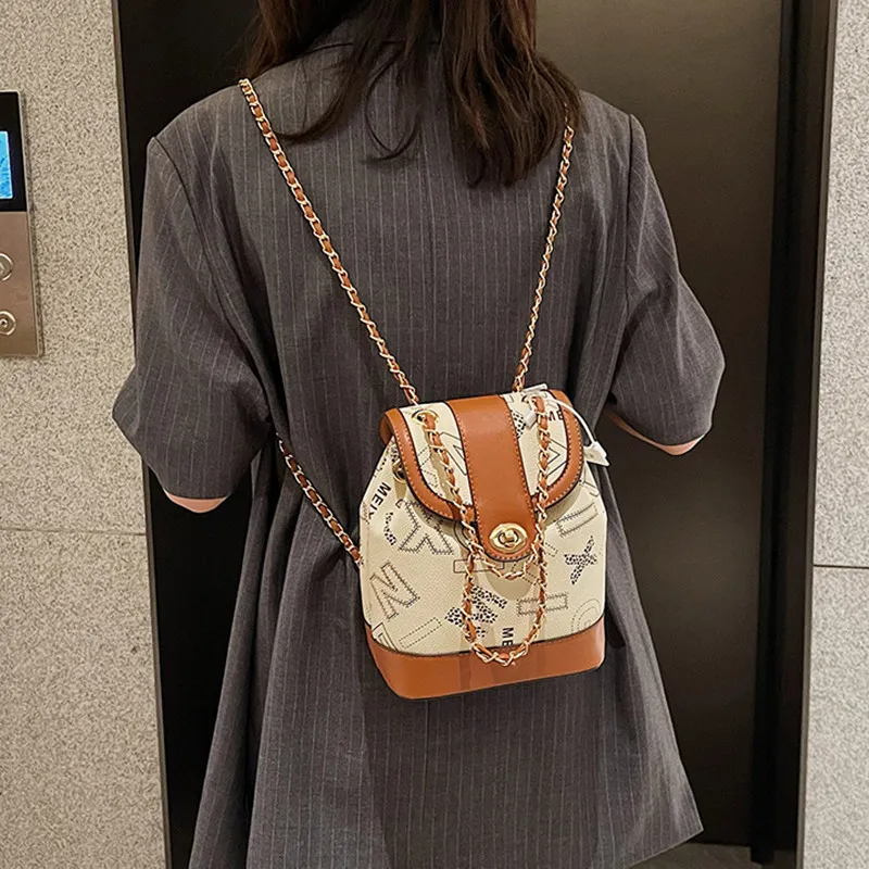 NOMK PU Chain Bag Handbag Bucket Bag One Shoulder Backpack Women's Brown-9