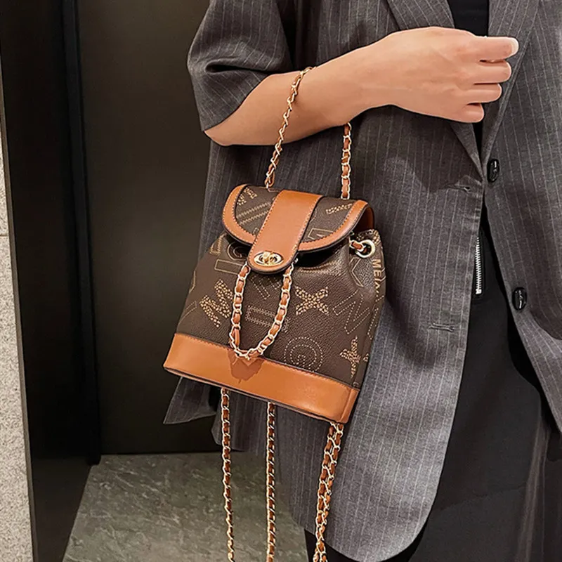 NOMK PU Chain Bag Handbag Bucket Bag One Shoulder Backpack Women's Brown-19