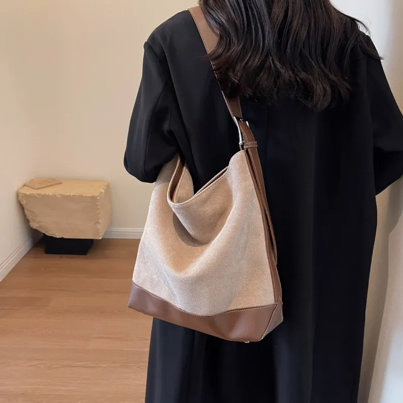 NOMK PU With Woolen Shoulder Bag Large Size Women's Black/Khaki/Coffee-9