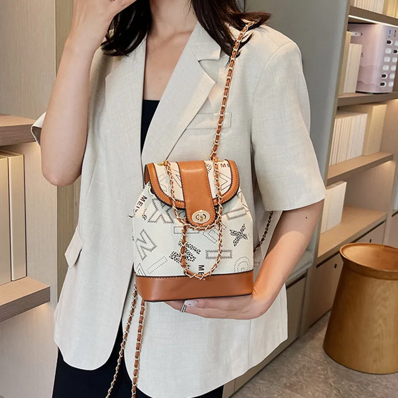 NOMK PU Chain Bag Handbag Bucket Bag One Shoulder Backpack Women's Brown-8