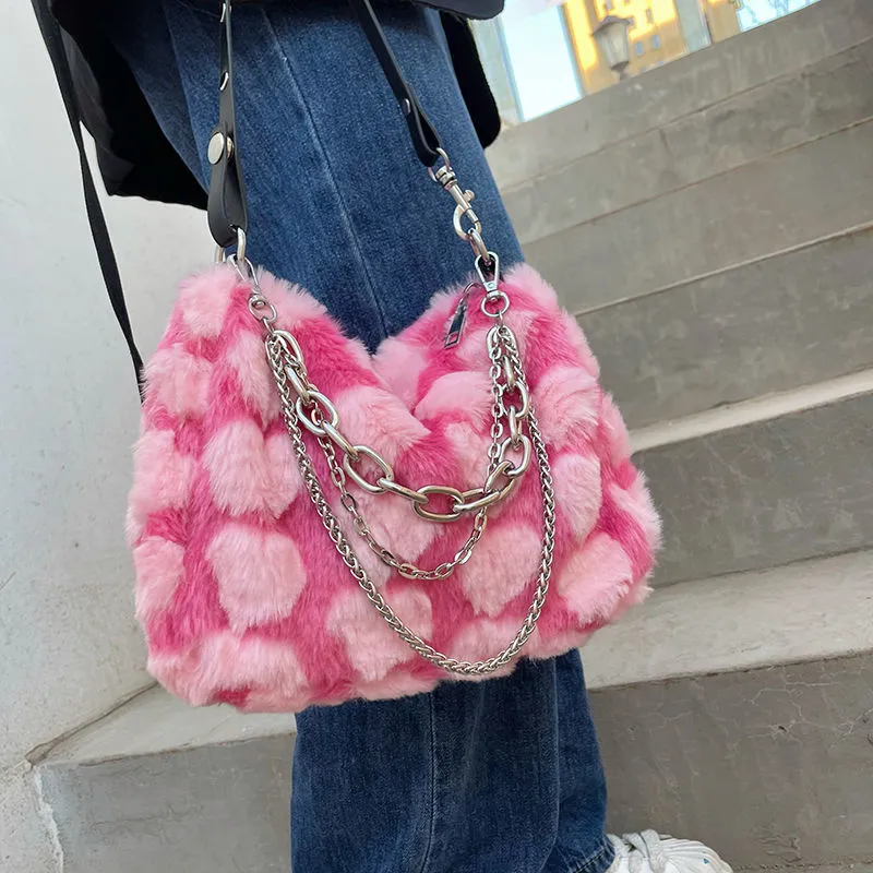 NOMK Plush Chain Bag, Shoulder Bag, Crossbody Bag Regular Women's White/Gray/Pink/Khaki-12