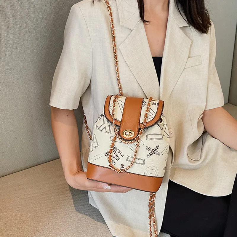 NOMK PU Chain Bag Handbag Bucket Bag One Shoulder Backpack Women's Brown-7