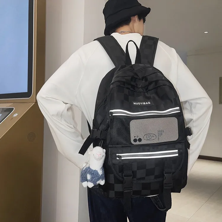 NOMK Nylon Backpack Regular Unisex White/Black/White Plaid/Black Plaid-11