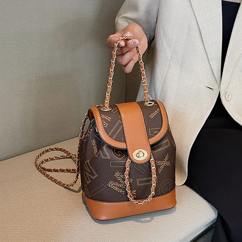 NOMK PU Chain Bag Handbag Bucket Bag One Shoulder Backpack Women's Brown-13