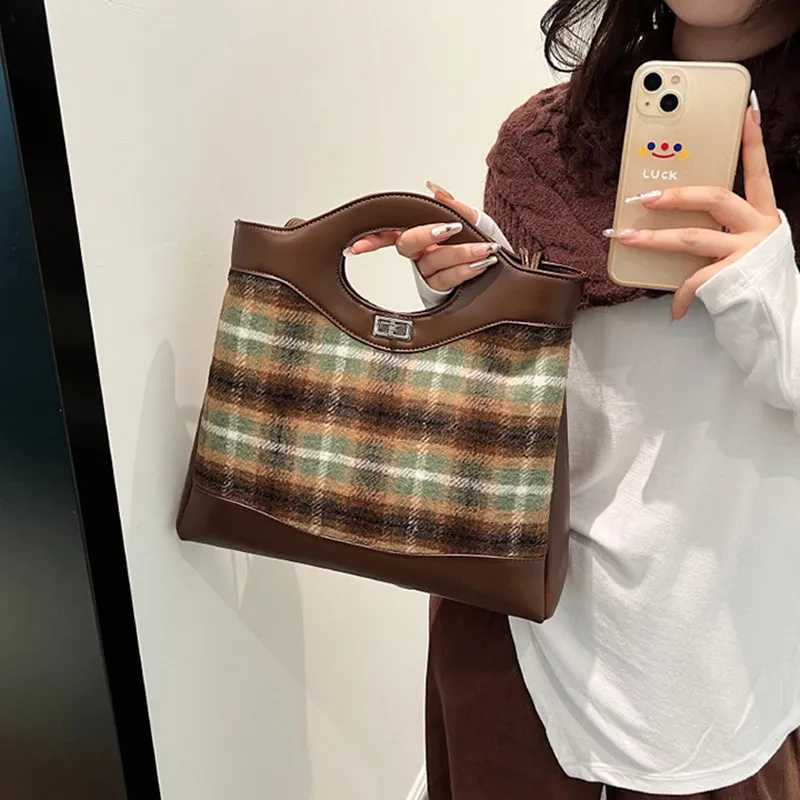 NOMK PU With Woolen Handbag Texture, Shoulder Bag, Crossbody Bag Medium Size Women's Brown Plaid/Red Plaid/Green Plaid-1