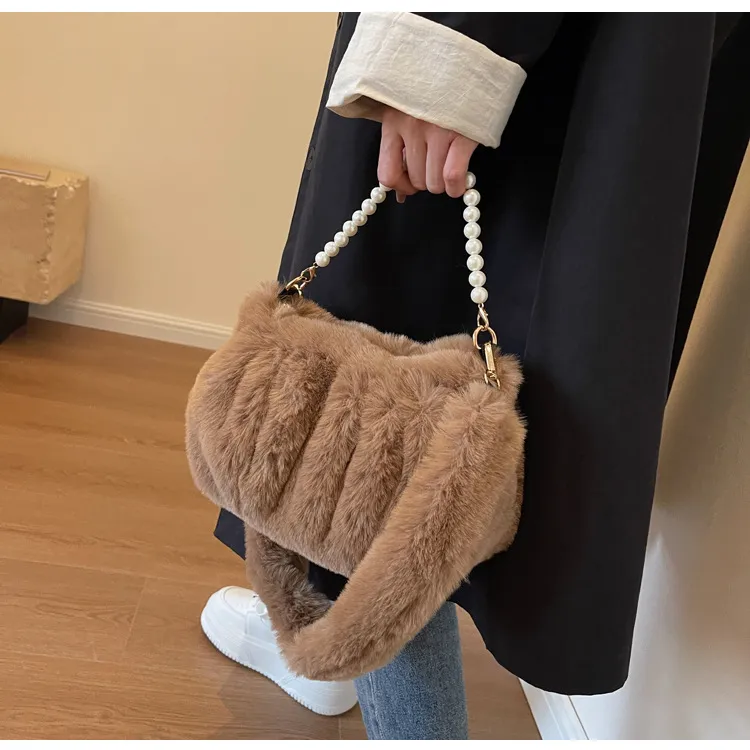 NOMK Plush Leather Fur Shoulder Bag Small Square Bag Regular Women's Ecru/Pink/Black/Brown-16