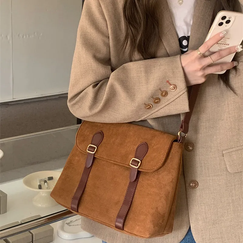 NOMK Suede Messenger Bag Shoulder Bag Crossbody Bag Women's Black & Khaki-8