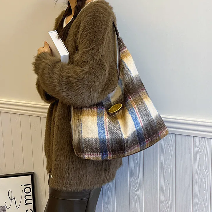 NOMK PU Tote Bag, Shopping Bag, Shoulder Bag Women's Caramel/Gray Plaid/Brown Plaid/Blue Plaid-11