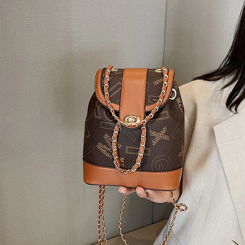NOMK PU Chain Bag Handbag Bucket Bag One Shoulder Backpack Women's Brown-18