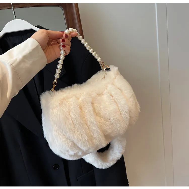 NOMK Plush Leather Fur Shoulder Bag Small Square Bag Regular Women's Ecru/Pink/Black/Brown-8