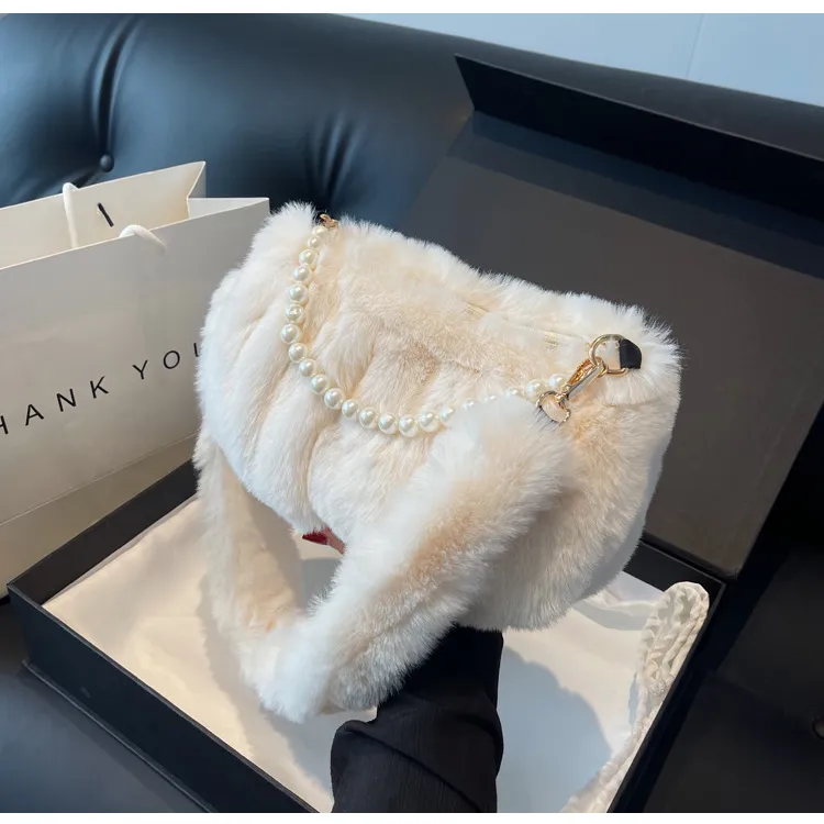NOMK Plush Leather Fur Shoulder Bag Small Square Bag Regular Women's Ecru/Pink/Black/Brown-6
