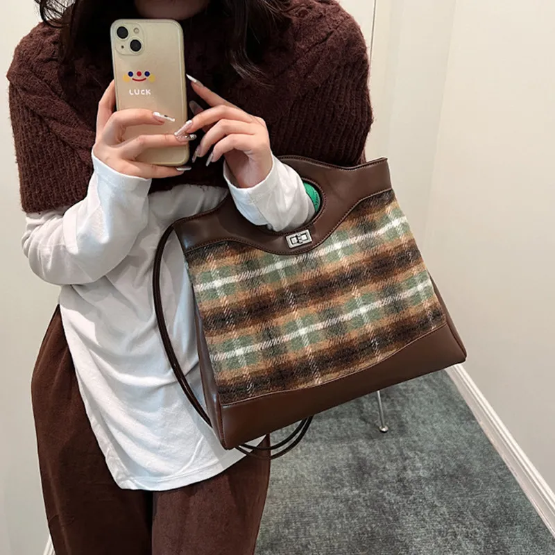 NOMK PU With Woolen Handbag Texture, Shoulder Bag, Crossbody Bag Medium Size Women's Brown Plaid/Red Plaid/Green Plaid-2