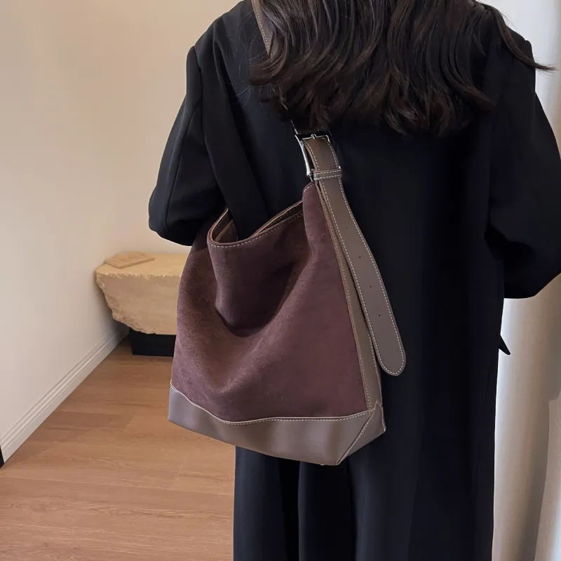 NOMK PU With Woolen Shoulder Bag Large Size Women's Black/Khaki/Coffee-13
