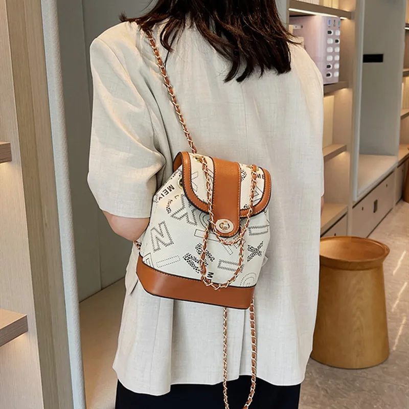 NOMK PU Chain Bag Handbag Bucket Bag One Shoulder Backpack Women's Brown-6